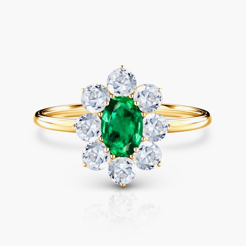 Pierścionek zaręczynowy SAVICKI: złoty, szmaragd, białe szafiry